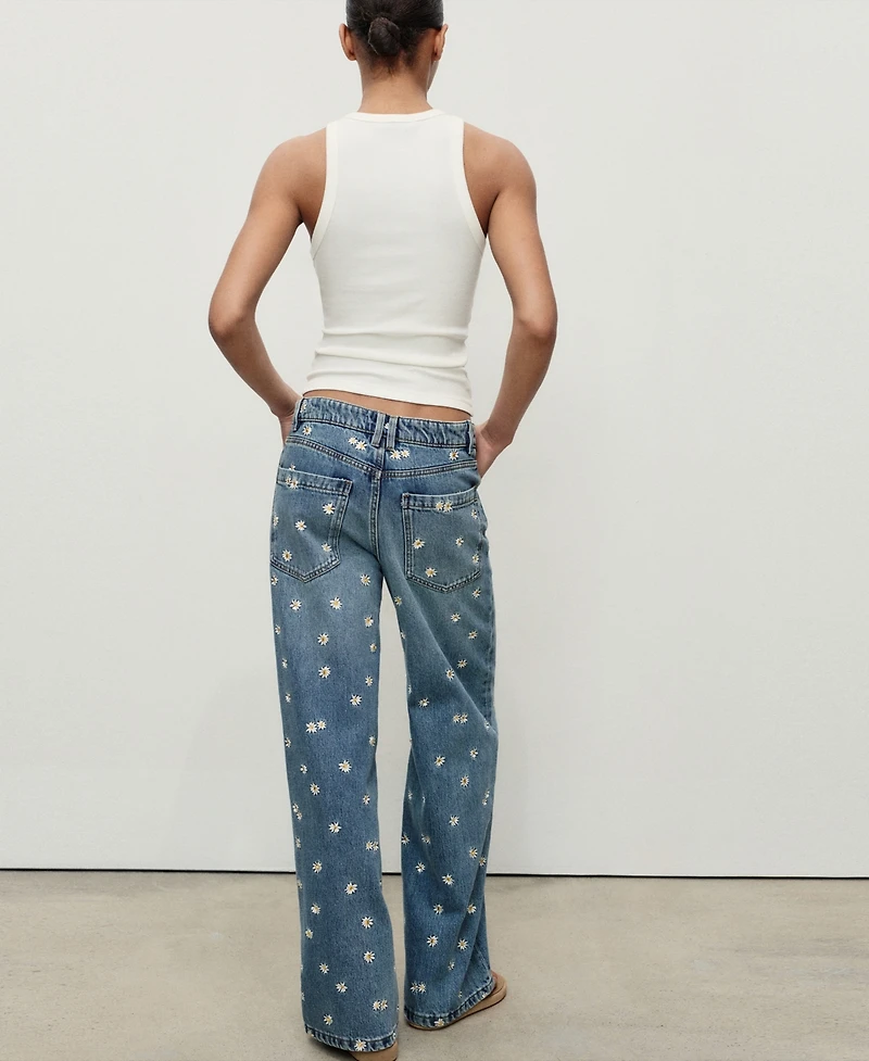 Mango Women's Flower-Embroidered Wide Leg Jeans