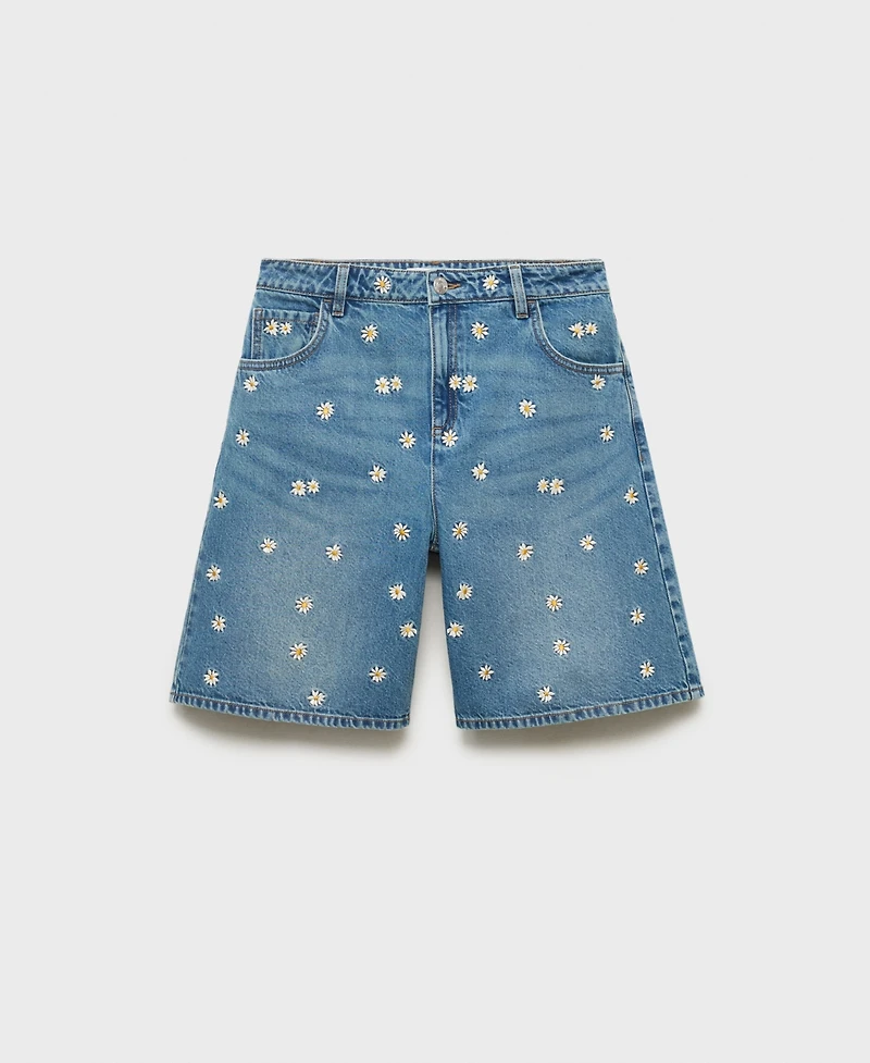 Mango Women's Floral Embroidered Denim Bermuda Shorts