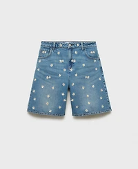 Mango Women's Floral Embroidered Denim Bermuda Shorts