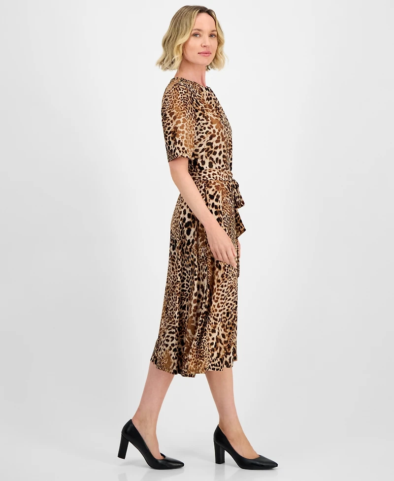 Kasper Women's Printed Elbow-Sleeve Tie-Waist Midi Dress