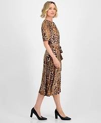Kasper Women's Printed Elbow-Sleeve Tie-Waist Midi Dress