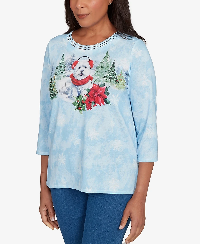 Alfred Dunner Women's Classic Holiday Dog Earmuffs Crew Neck Top