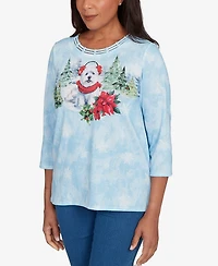 Alfred Dunner Women's Classic Holiday Dog Earmuffs Crew Neck Top