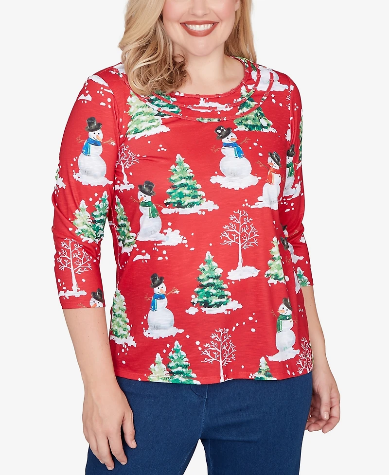 Alfred Dunner Women's Classic Snowmen Printed Crew Neck Top