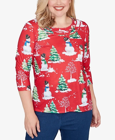Alfred Dunner Women's Classic Snowmen Printed Crew Neck Top