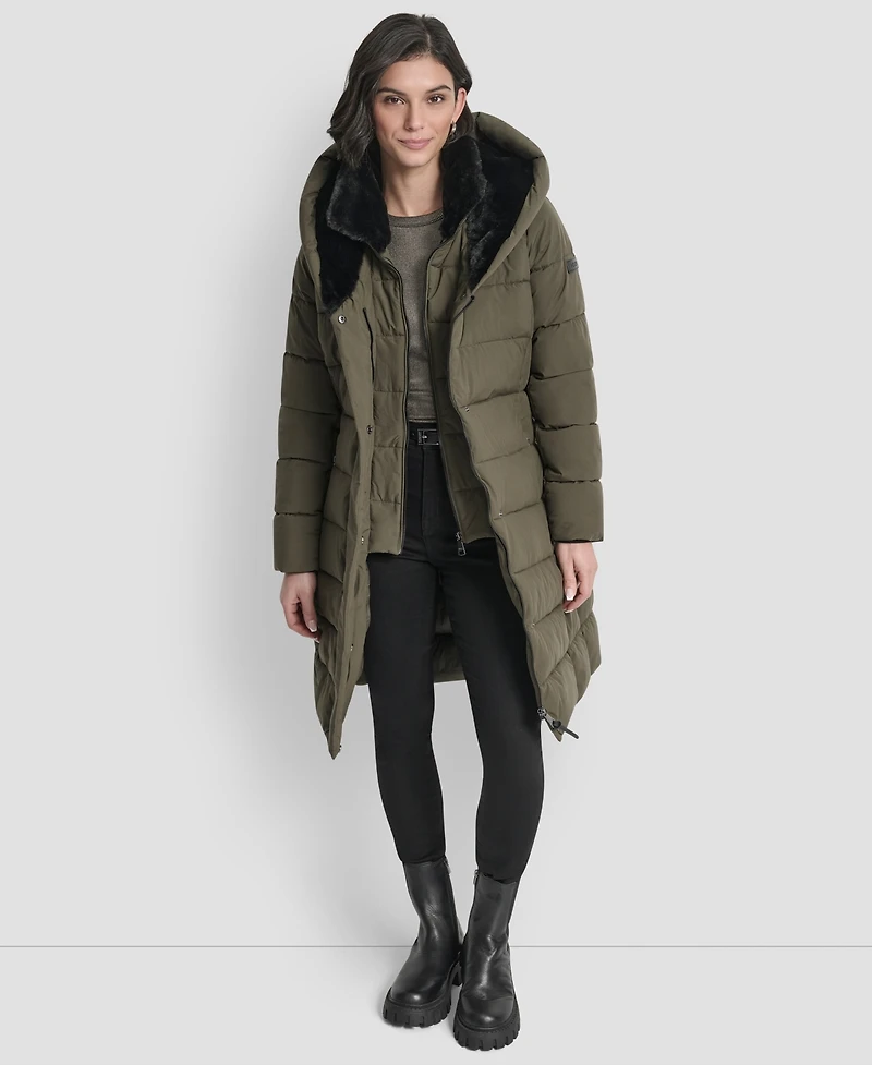 Dkny Women's Belted Asymmetrical Zip Front Puffer Coat