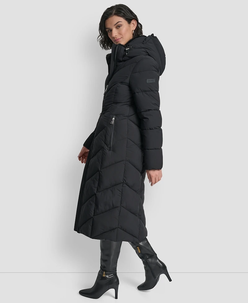 Dkny Women's Hooded Zip Front A-Line Maxi Puffer Coat