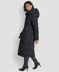 Dkny Women's Hooded Zip Front A-Line Maxi Puffer Coat