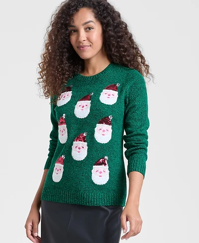 Holiday Lane Women's Santa-Embroidered Sweater, Macy's Exclusive