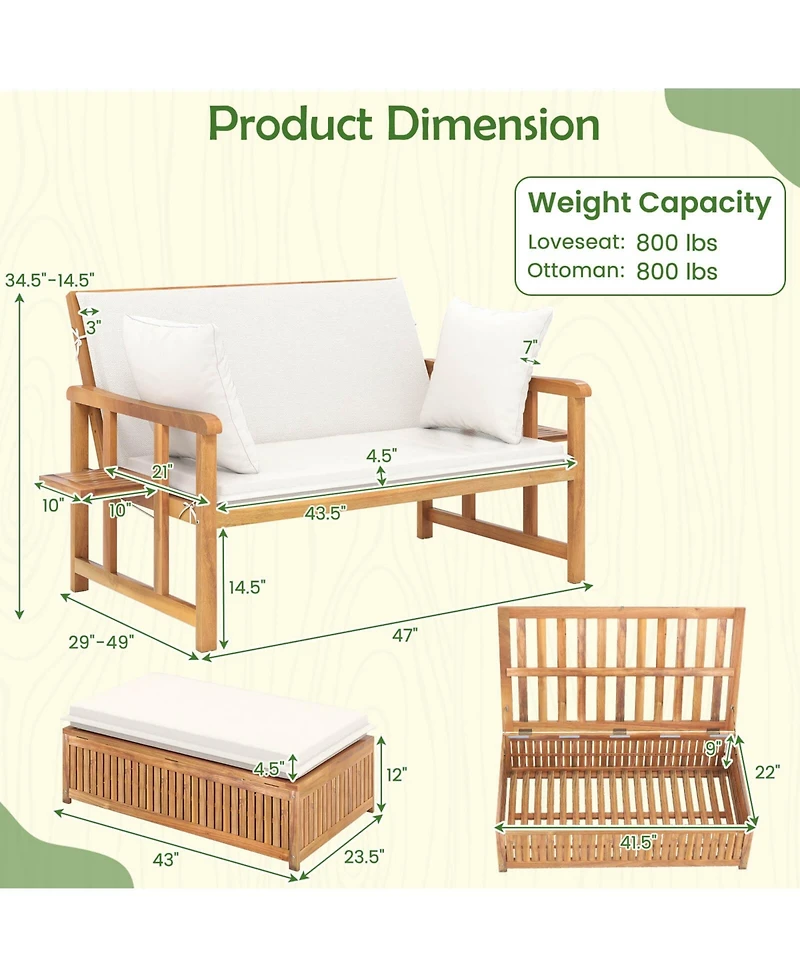 Costway Outdoor Wooden Daybed with 4-Level Backrest & Removable Cushions for Poolside