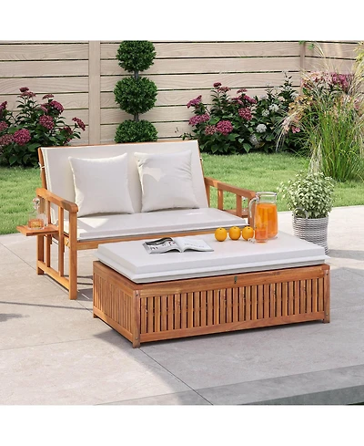 Costway Outdoor Wooden Daybed with 4-Level Backrest & Removable Cushions for Poolside