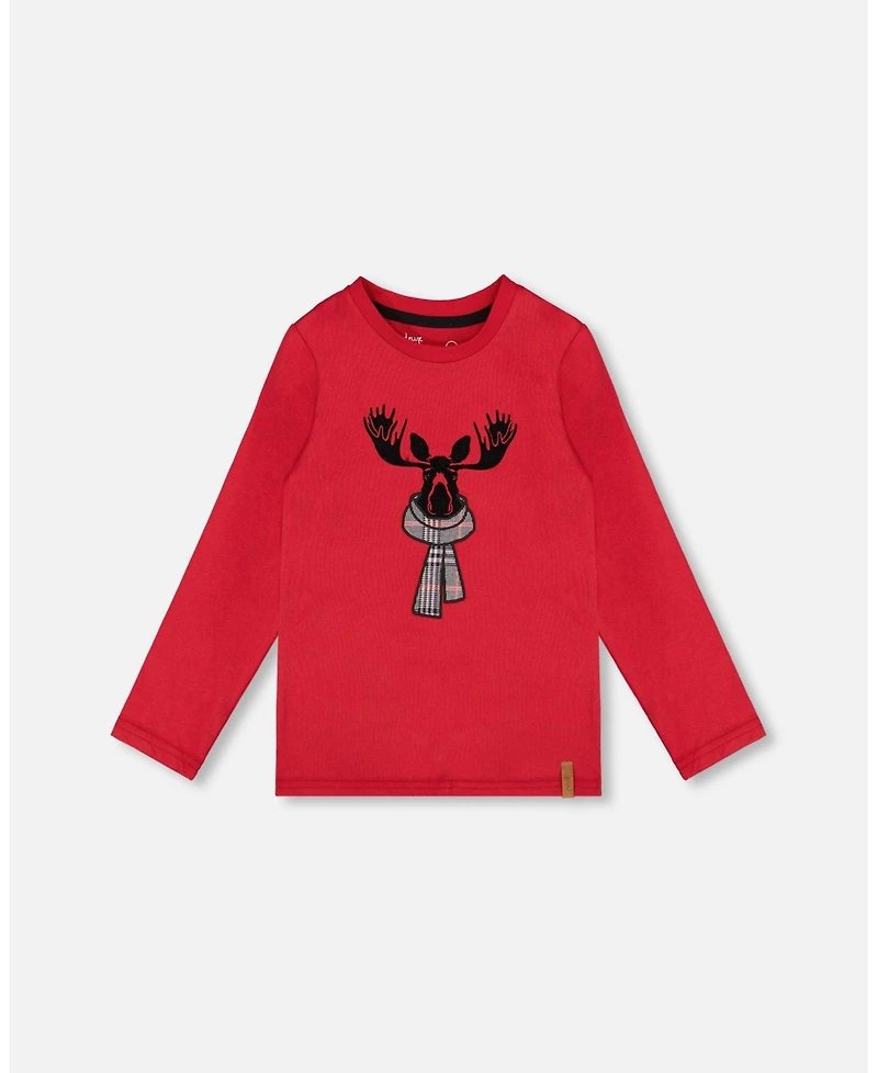 Deux par Boy Jersey T-Shirt Cherry Red with Moose - Child