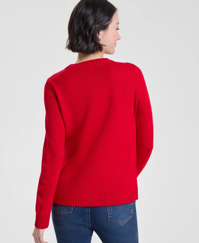 Holiday Lane Women's Kitten Sleigh Crewneck Sweater, Created for Macy's