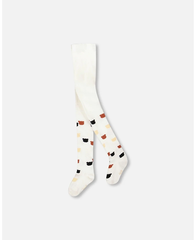 Deux par Girl Knit Tights Off-White with Teddy Bear Pattern - Toddler|Child