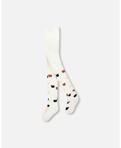 Deux par Girl Knit Tights Off-White with Teddy Bear Pattern - Toddler|Child