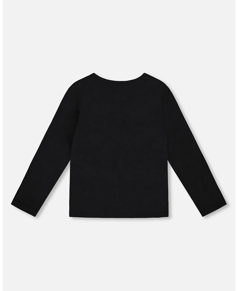 Deux par Girl Long Sleeve Cotton Jersey Bow Tee Black