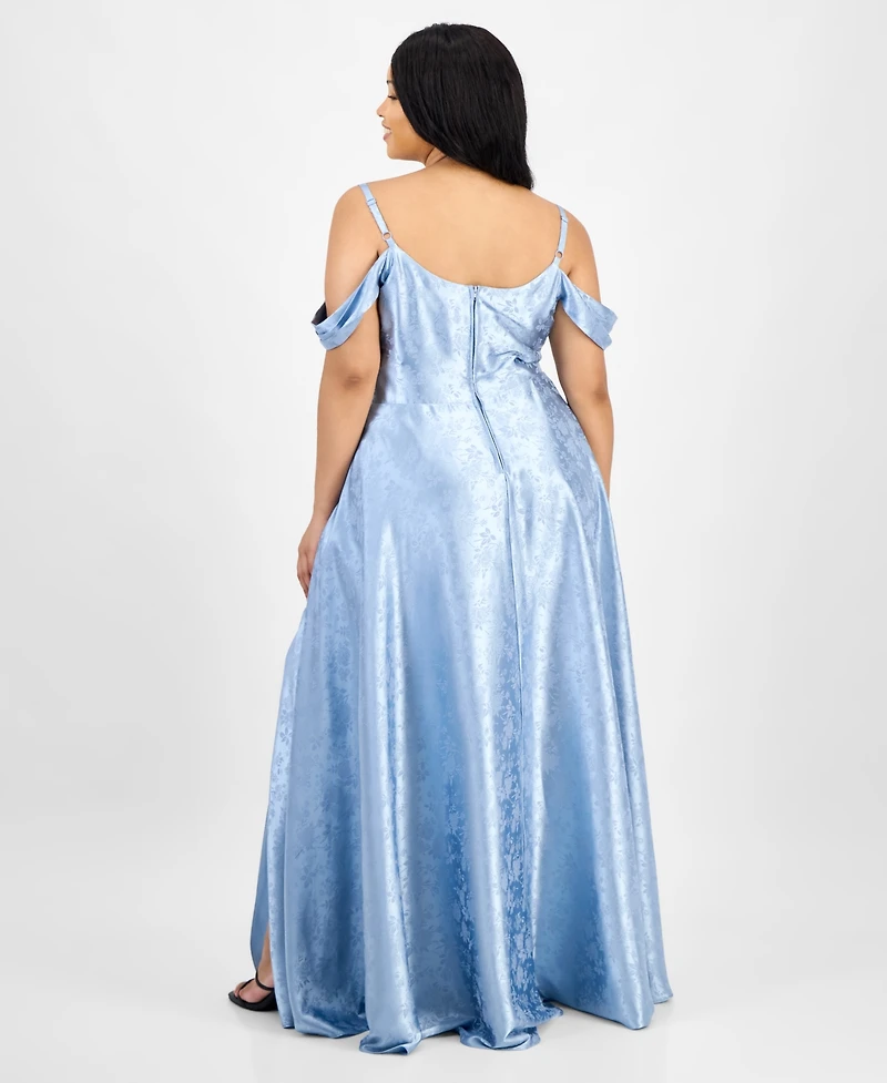 B Darlin Trendy Plus Off-The-Shoulder Satin Jacquard Gown