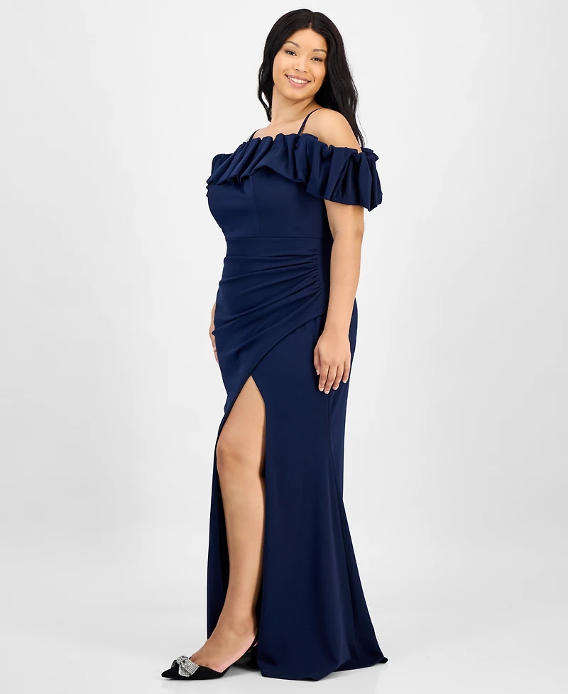 City Studios Trendy Plus Bubble-Trim Cold-Shoulder Scuba Gown