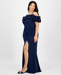 City Studios Trendy Plus Bubble-Trim Cold-Shoulder Scuba Gown
