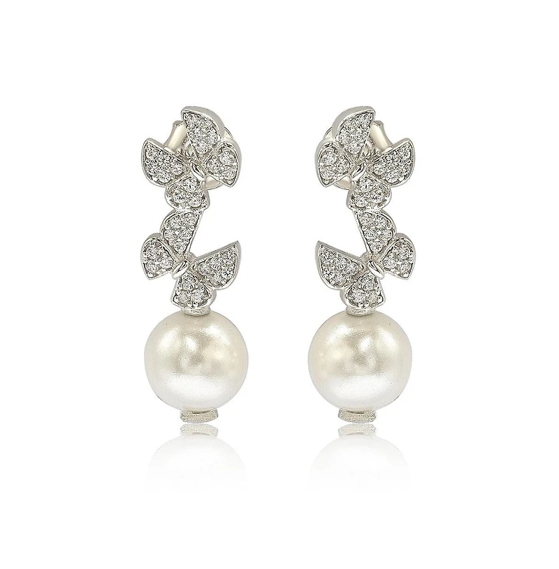 Suzy Levian Sterling Silver Pearl and White Sapphire Butterfly Earrings