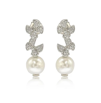 Suzy Levian Sterling Silver Pearl and White Sapphire Butterfly Earrings