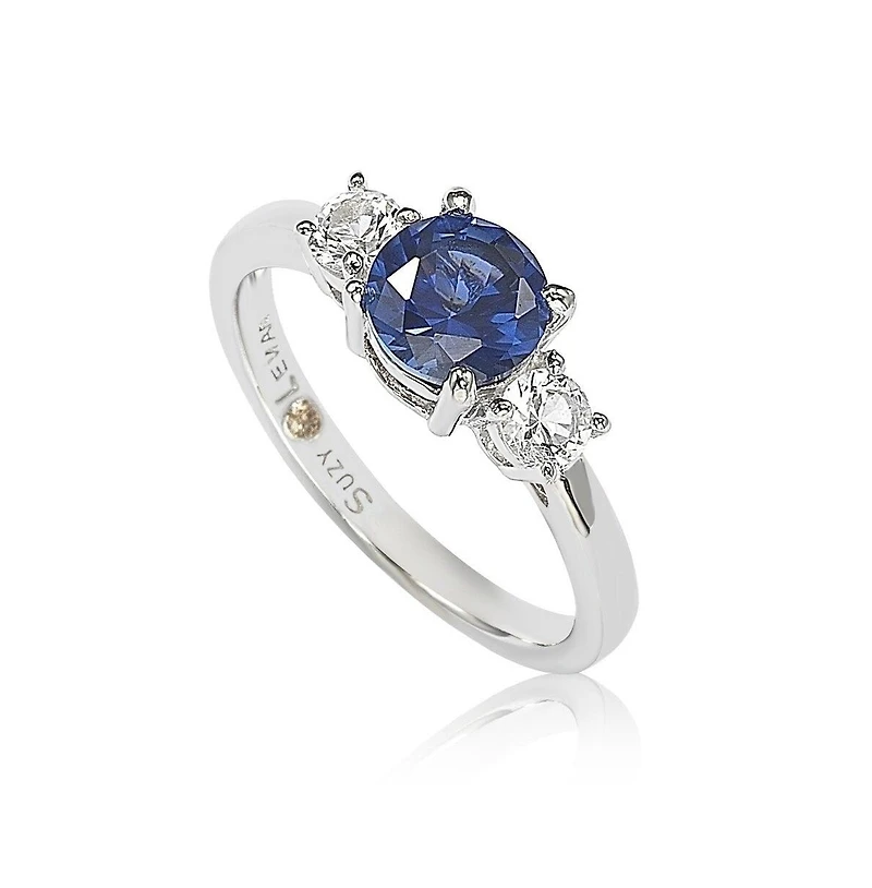 Suzy Levian New York Sterling Silver Sapphire & Created White 3 Stone Proposal Ring