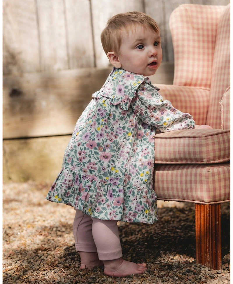 Deux par Baby Girl Printed Muslin Sage Floral Dress and Solid Leggings Set