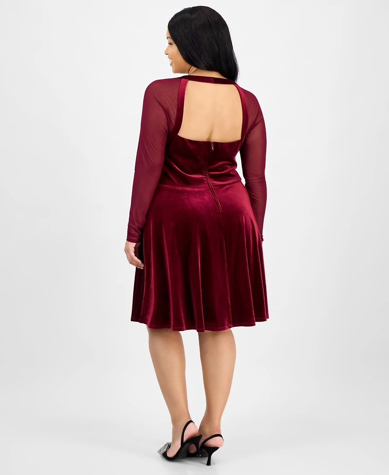 City Studios Trendy Plus Mesh-Sleeve Velvet Fit & Flare Dress