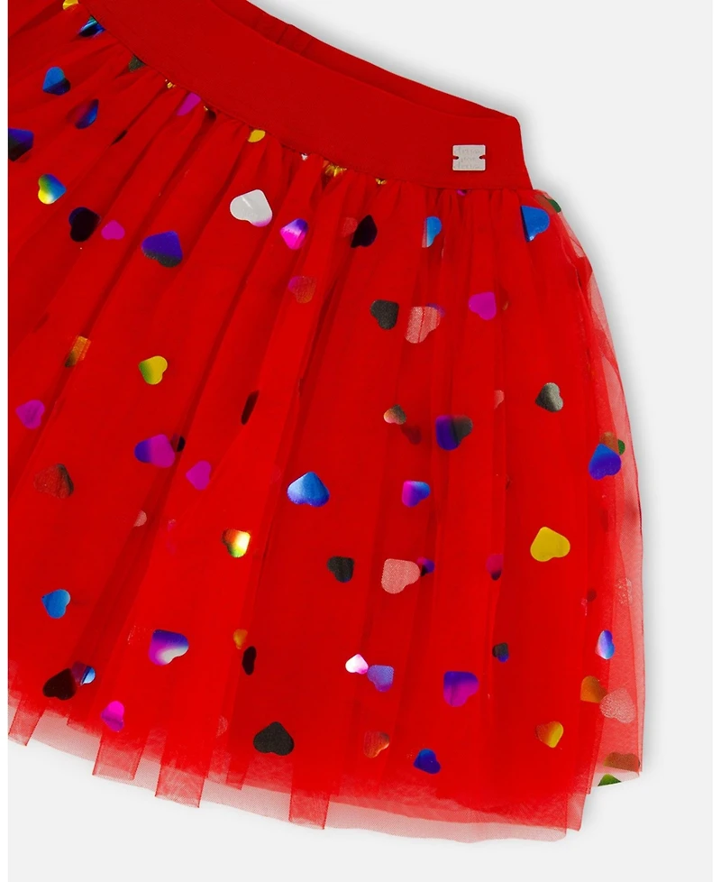 Deux par Girl Tulle Skirt Red with Iridescent Heart Confettis