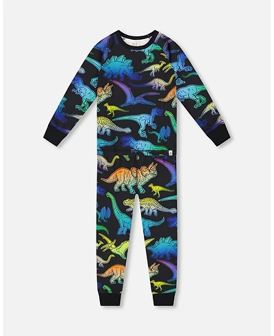 Deux par Boy Two-Piece Cotton Pajama Set Black Dinosaur Print
