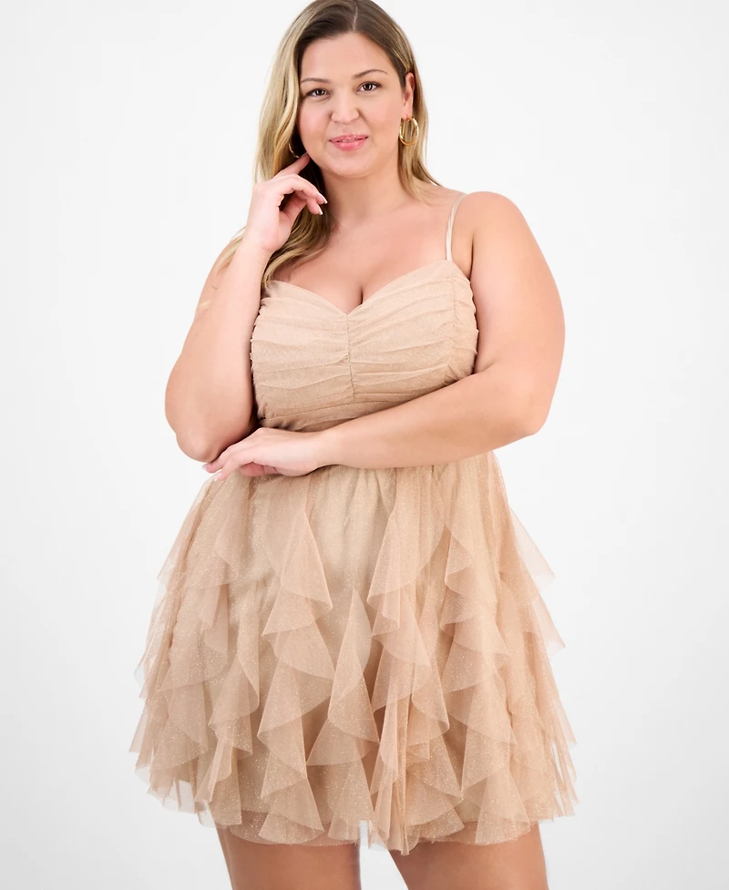 Plus Glitter-Mesh Ruffle-Skirt Mini Dress