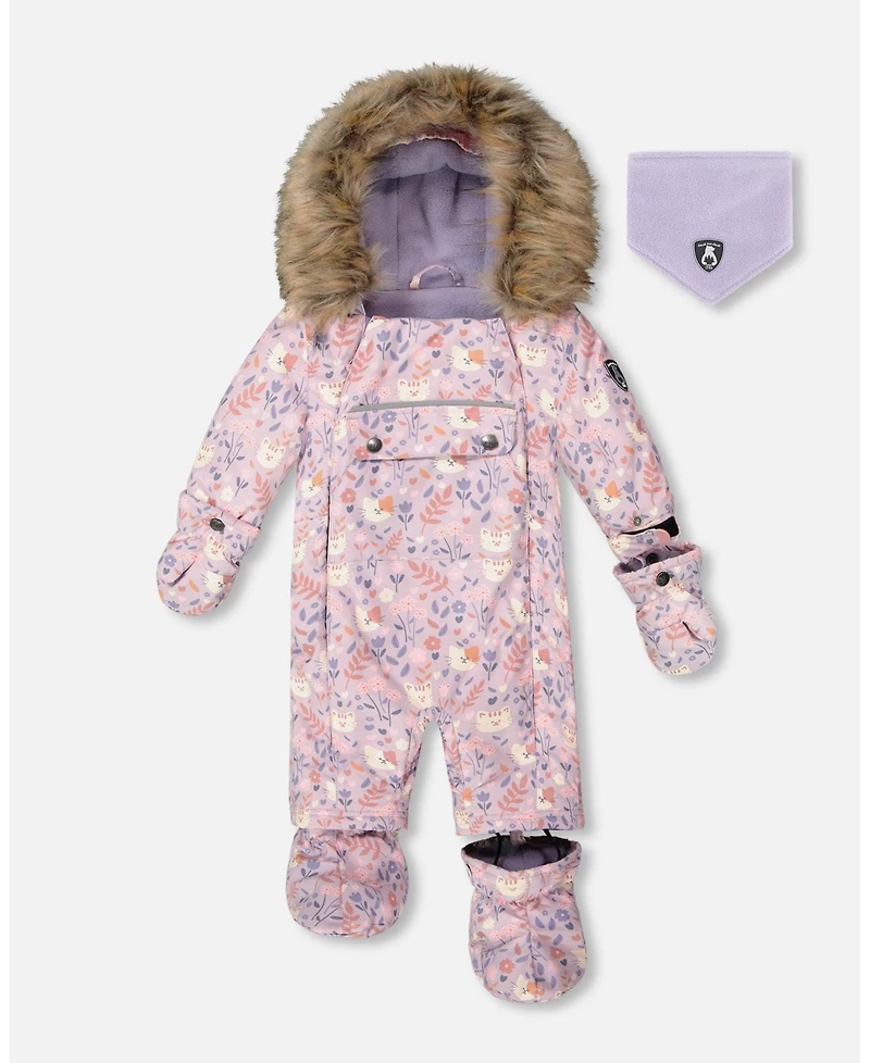Deux par Baby Girls One-Piece Play Snowsuit Designed for Car Seat Lilac Cat Print - Baby|Toddler