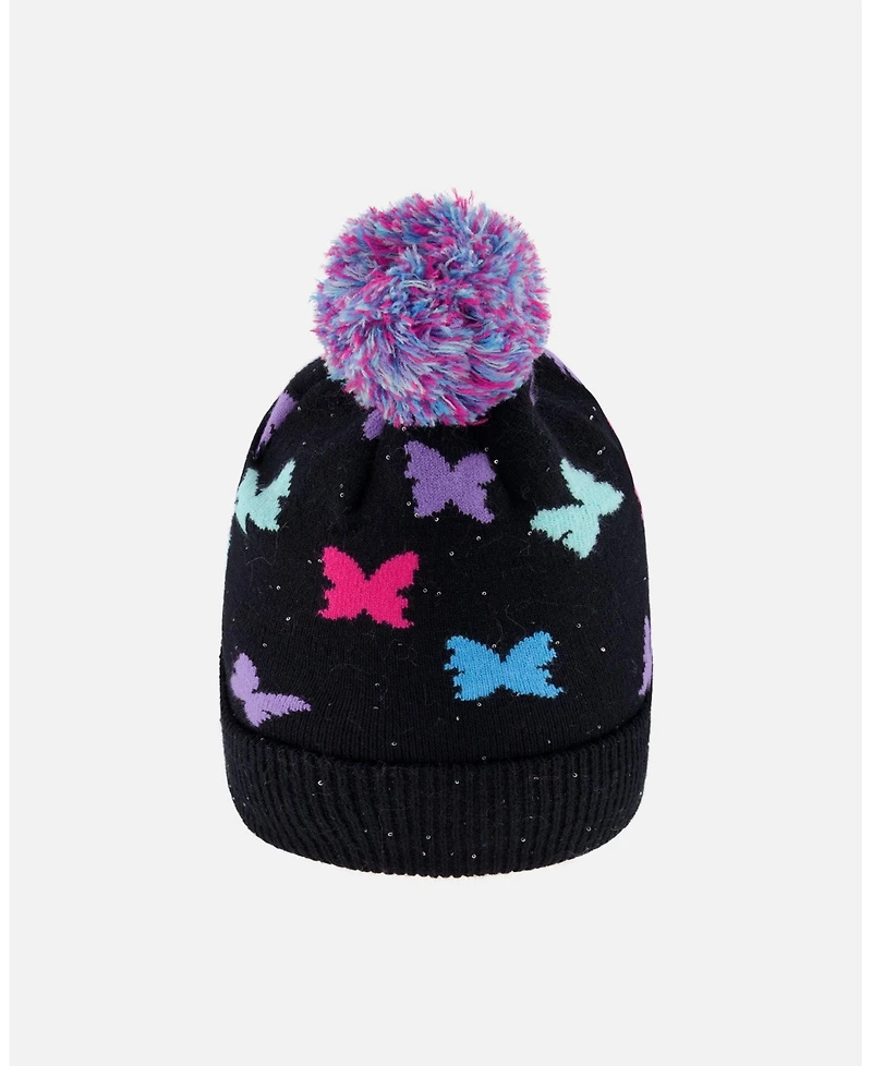 Deux par Girl Lined Knit Pompom Hat Black Butterfly Pattern - Toddler|Child