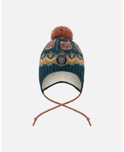 Deux par Girl Lined Peruvian Knit Pompom Hat Green and Pink - Toddler|Child