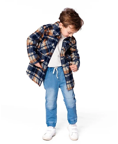 Deux par Boy Sherpa Long Sleeve Zip Front Overshirt Blue and Brown Plaid - Child