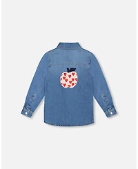 Deux par Girl Denim Shirt Light Blue with Patch Pockets and Apple - Child
