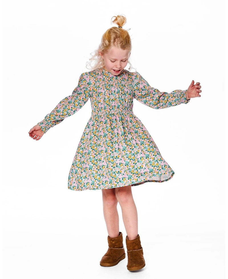 Deux par Girl Smocked Viscose Dress Green with Floral Print