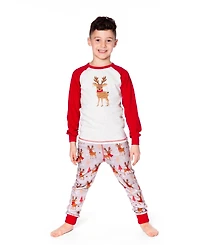 Deux par Boy Two-Piece Cotton Pajama Set Beige Reindeer Print