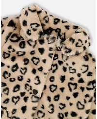Deux par Girl Printed Fake Fur Long Coat Black and Beige Leopard - Child