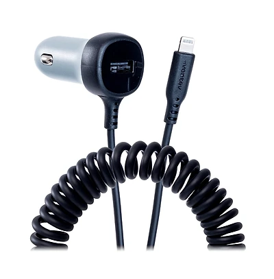 Ventev 27W Ultrafast Dual Car Charger with Apple Lightning Connected Travel Cable-Gray