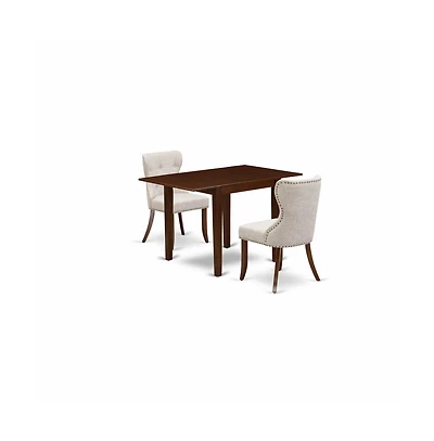 East West Furniture dining room table set of two amazing kitchen chairs with Linen Fabric Doeskin color and a stunning drop leaf rectangle kitchen tab