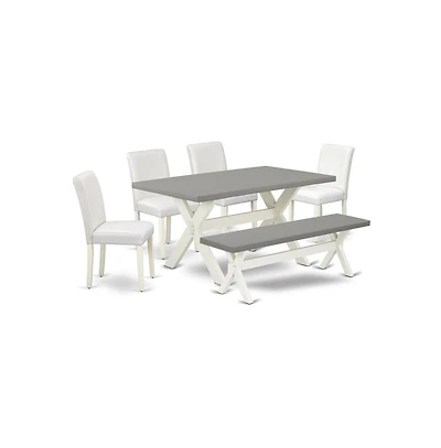 East West Furniture 6-Piece Amazing Dining Table Set a High Quality Cement Color Wood Table Top and Cement Color Indoor Bench and 4 Lovely Pu Leather