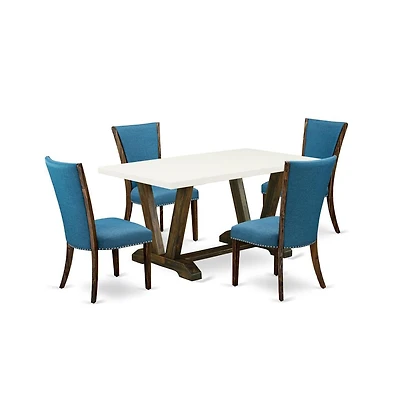 East West Furniture 5Pc Dining Table Set Includes a Dining Table and 4 Parson Chairs with Blue Color Linen Fabric,Distressed Jacobean and Linen White