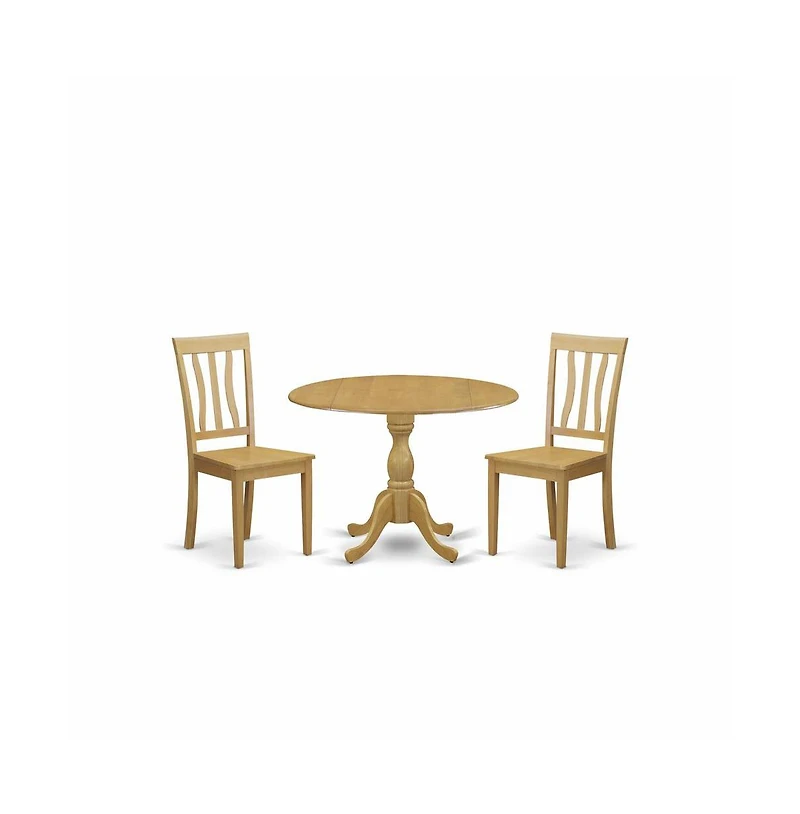 East West Furniture 3 Pc Dining Room Set Set - Dropleaf Dinner Table and 2 Oak Wooden Chairs for Dining Room with Slatted Back- Oak Finish