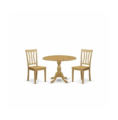 East West Furniture 3 Pc Dining Room Set Set - Dropleaf Dinner Table and 2 Oak Wooden Chairs for Dining Room with Slatted Back- Oak Finish