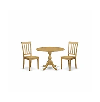 East West Furniture 3 Pc Dining Room Set Set - Dropleaf Dinner Table and 2 Oak Wooden Chairs for Dining Room with Slatted Back- Oak Finish