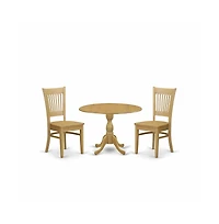 East West Furniture 3 Piece Kitchen Dining Table Set - Oak Dining Room Table and 2 Oak Chairs for Dining Room with Slatted Back - Oak Finish