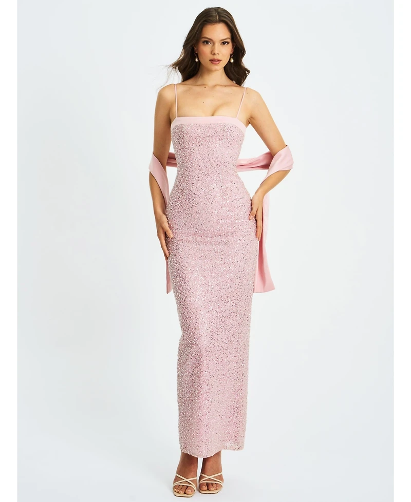 Miss Circle Women Raizel Pink Beaded Sequin Bodycon Gown with Scarf