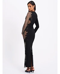 Miss Circle Women's Bailey Lace Trim Crystal Net Cutout Long Sleeve Gown