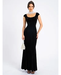 Miss Circle Women Rachael Black Velvet Pearl Embellished Gown